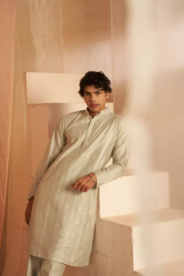 Light Green Silk Designer Embroidery Work Men's Kurta Set - Mahotsav - M
