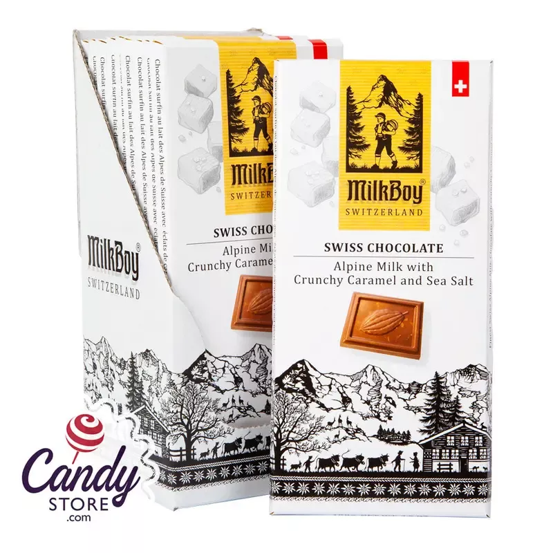 Milkboy Swiss Alpine Milk Chocolate With Crunchy Caramel And Sea Salt 3.5oz Bar – 10ct