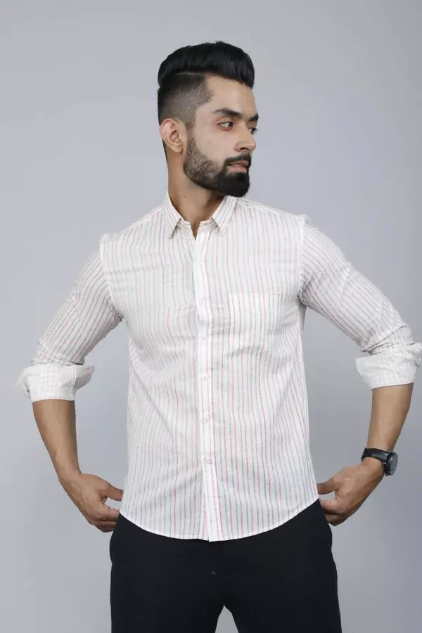 Miravan Men's White Spread Collar Striped Print Casual Shirt - S