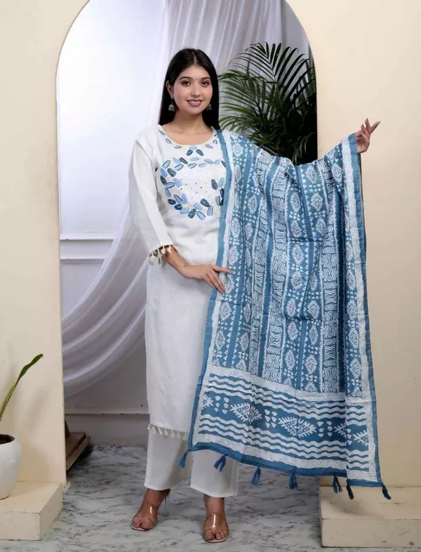 Miravan Women's White Cotton Thread Work Embroidered And Mirror Work Straight Kurta Palazzo With Dupatta Set - S