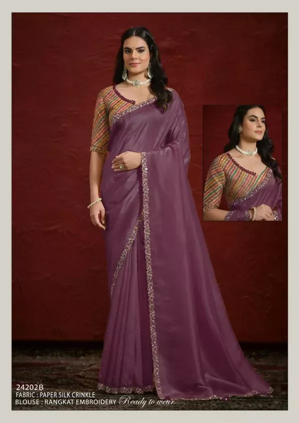 Mustard Crush Paper Silk Sequence with Handwork Saree with Stitched Blouse - Mohmanthan Aaina - Free Size