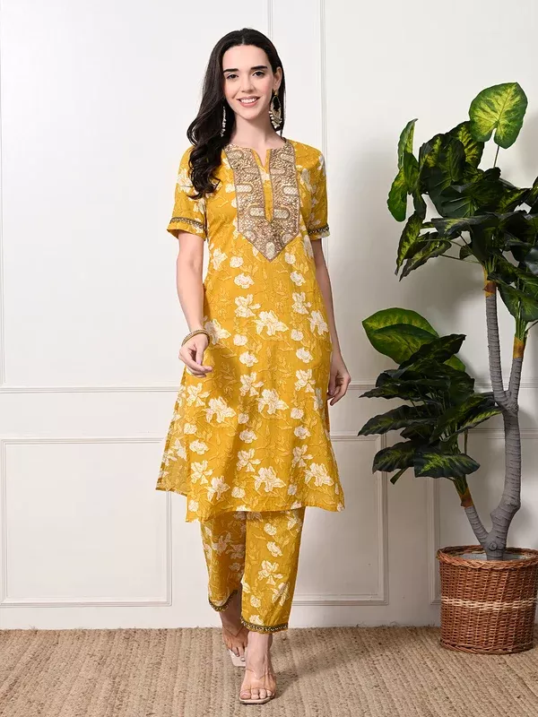 Myshka Women's Cotton Yellow Printed Kurta Set - S