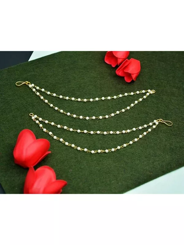 NVR Pearl Studded Classic Gold-Polished 2 Line Ear Chain Ear Cuff - One Size