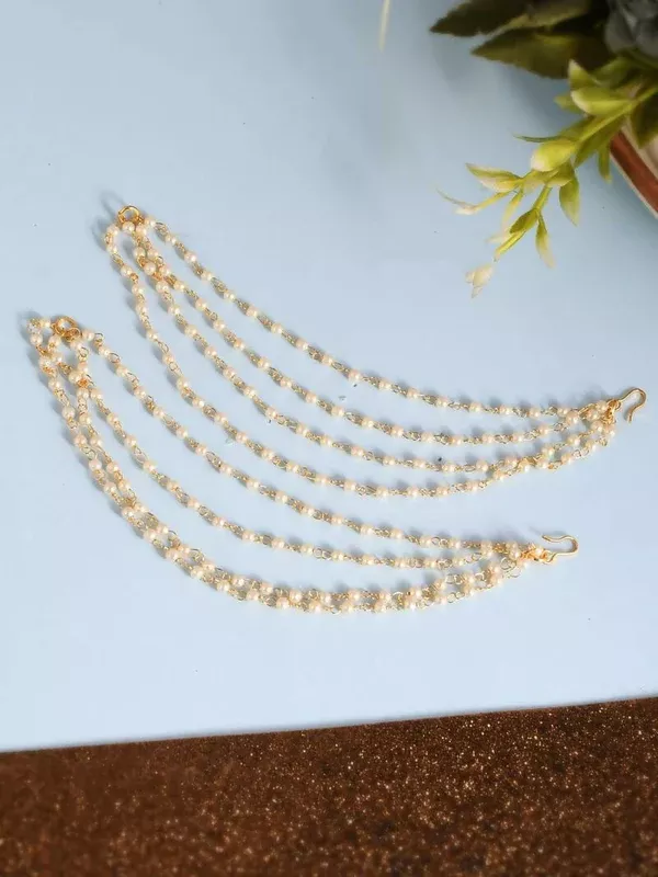 NVR Pearl Studded Classic Gold-Polished 4 Line Ear Chain Ear Cuff - One Size