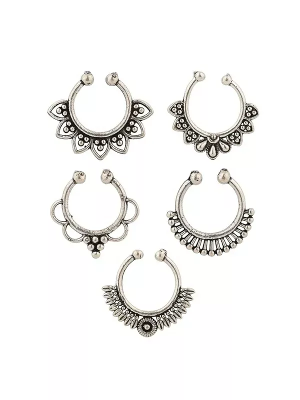 NVR Set of 5 Silver Plated Oxidised Septum Nosepin - One Size