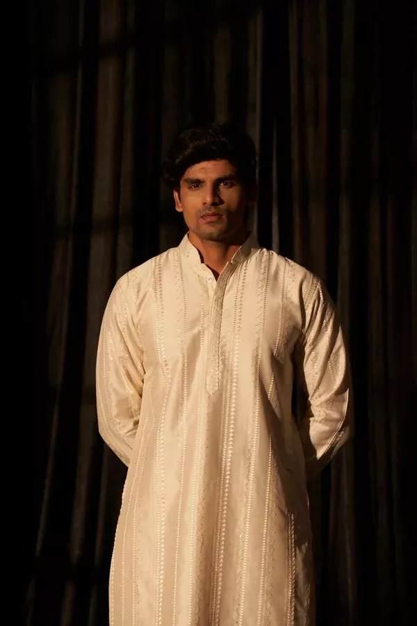 Off White Silk Designer Embroidery Work Men's Kurta Set - Mahotsav - M