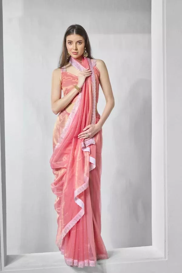 Pink Gold Tissue Net Solid & Gold Cotted Saree - Samaa