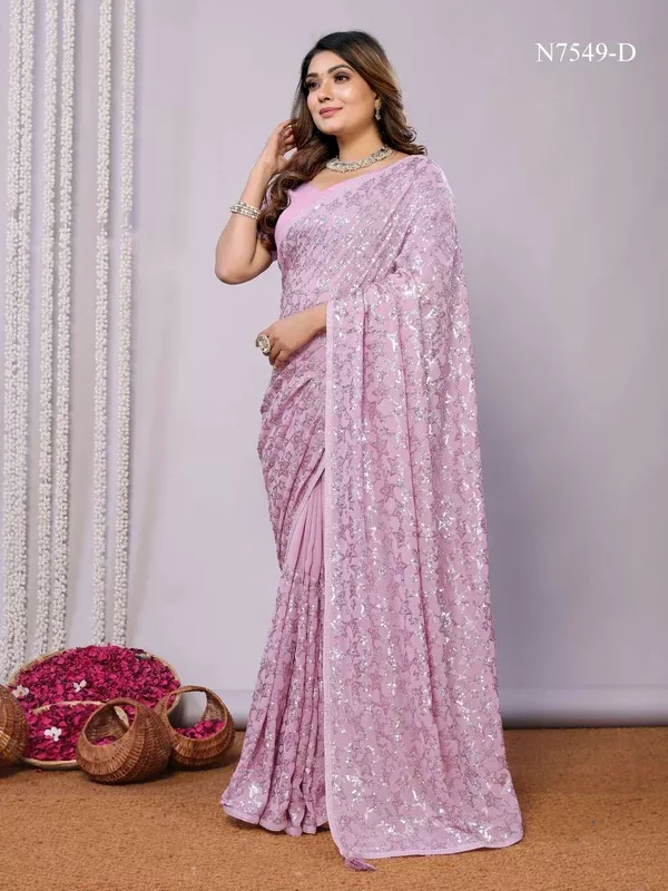 Pink Pure Georgette Embroidered Saree With Stitched Blouse - Nimaya Kaksha - Free Size
