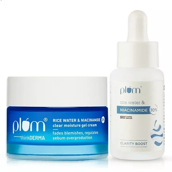 Plum Niacinamide Serum & Moisturizer Duo With Rice Water - Fades Blemishes, Hydrates & Brighten Skin - combo