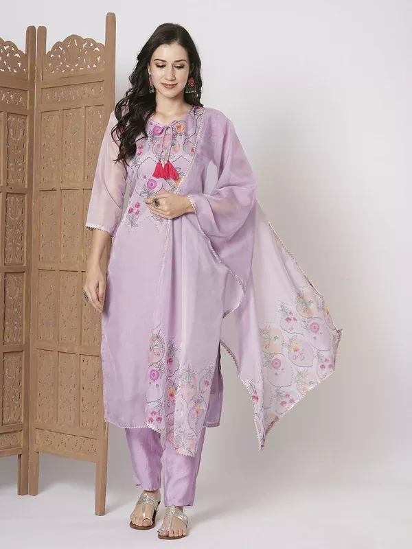 Purple Taby Silk Embroidery Work, Printed Kurta Set - Riya - S