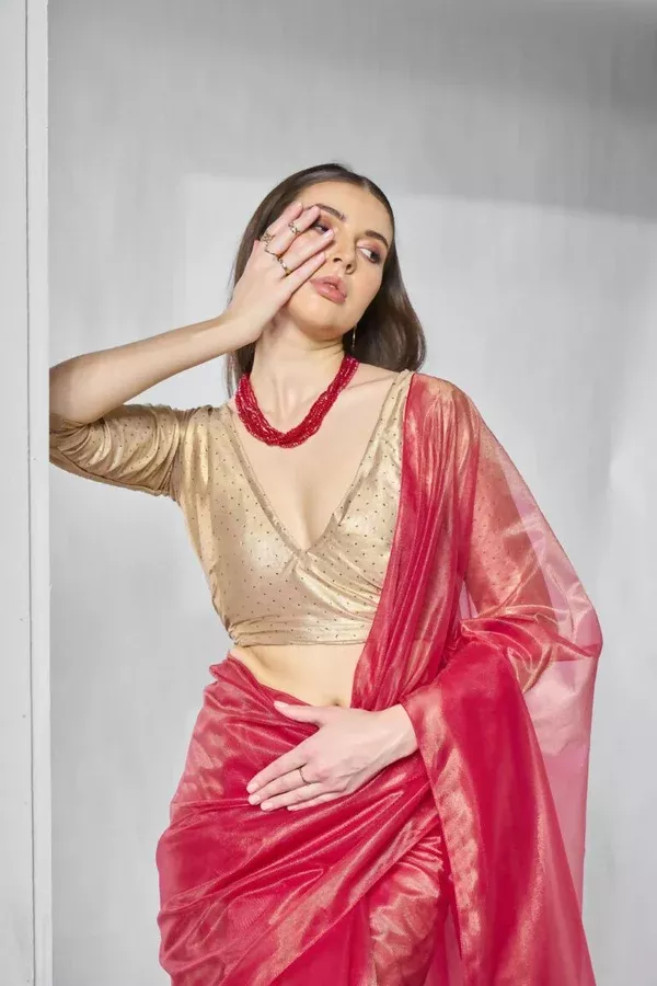 Red Gold Tissue Net Solid & Gold Cotted Saree - Samaa