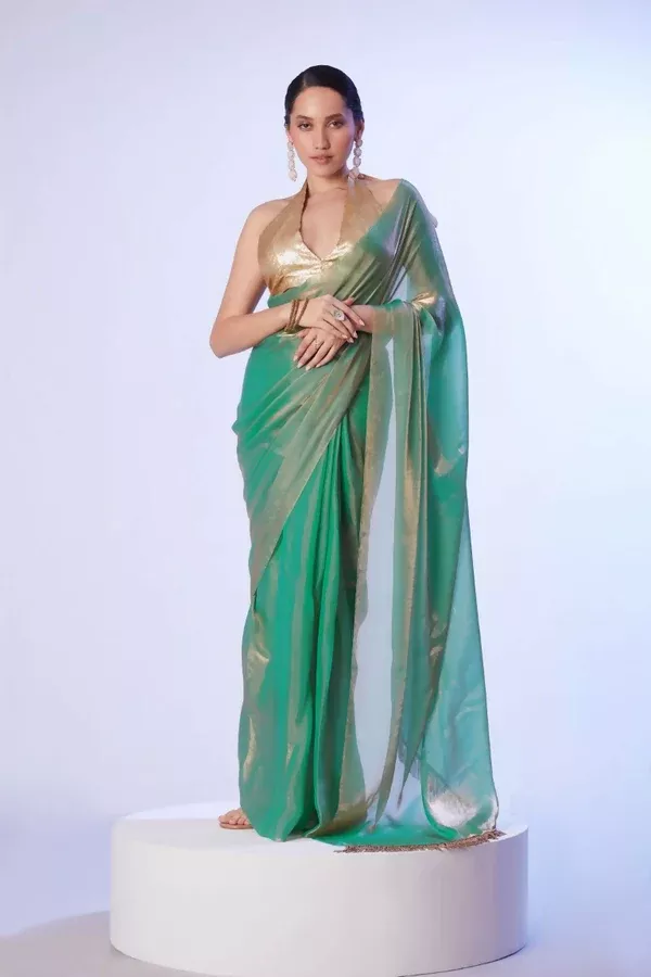 Sea Green Satin Gold Organza Solid Designer & Lace Work Saree - Samaa