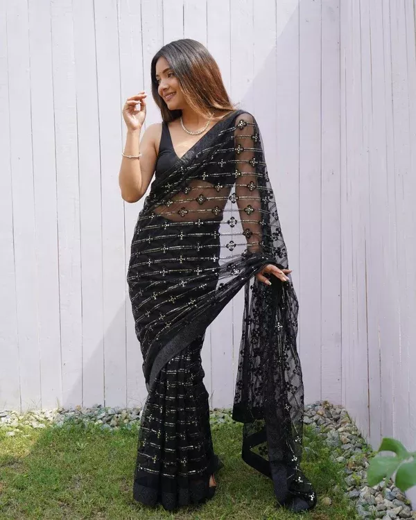Teeya Creation Black Color Butterfly Net Embroidery Work Saree