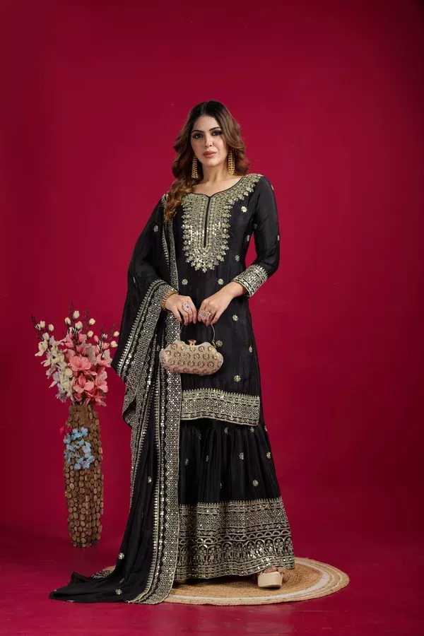 Teeya Creation Black Color Chinnon Silk Heavy Embroidery Work Fully Stitched Sharara Suit - M