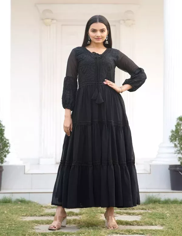 Teeya Creation Black Color Faux Georgette Silk Heavy Embroidery Work Fully Stitched Gown - S