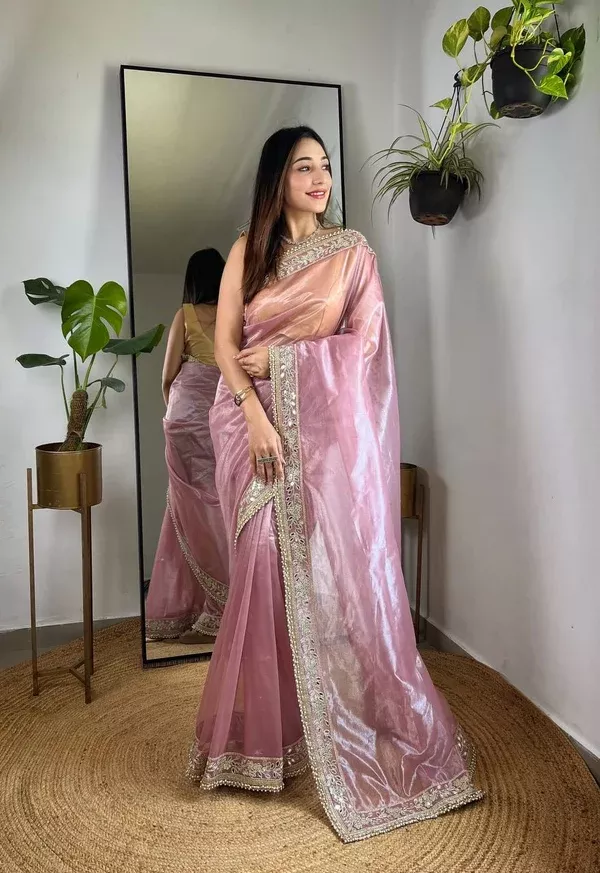 Teeya Creation Lavender Color Silver Tissue Silk Embroidery And Mirror Work Saree