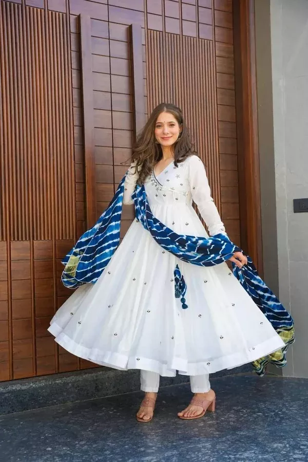 Teeya Creation White Color Roman Cotton Embroidery And Sequence Work Anarkali With Pants And Dupatta - XS