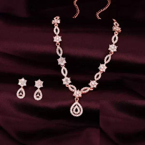 Tehzeeb Creations Elegant White Polished American Diamond (Ad) Studded Necklace And Earring Set For Women