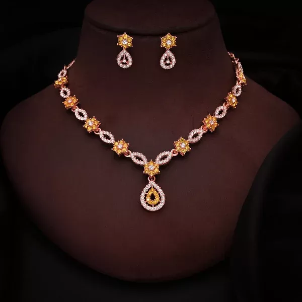 Tehzeeb Creations Elegant Yellow Polished American Diamond (Ad) Studded Necklace And Earring Set For Women