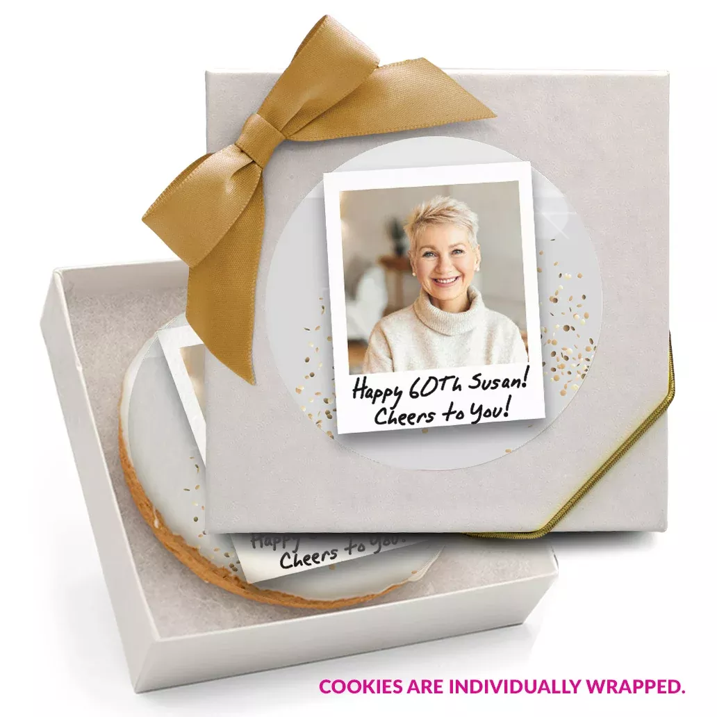 Upload your Own Photo Polaroid - Personalized Direct Print On Round Sugar Cookie w/ Matching Personalized Favor Box, Sticker & Bow Choice