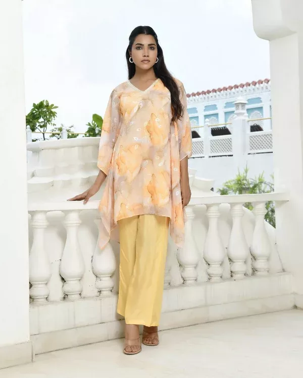 Vaasva Women's Lemon Georgette Marble Print Kaftan Pant Set - S