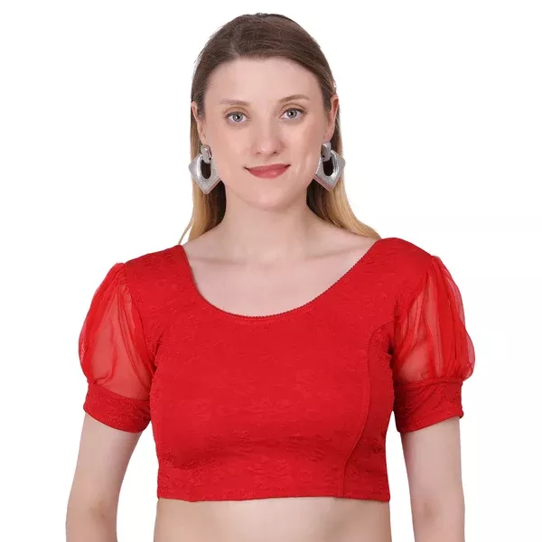 Vamika Cotton Lycra Stretchable Fabric Red Balloon Sleeves Blouse - L