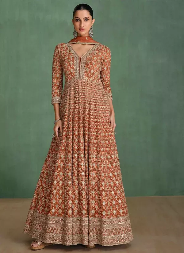 Vastranavya Brown Georgette Seroski Diamond Embroidered Sequins A Line Stunning Anarkali Suit - Up to 42" Stitched