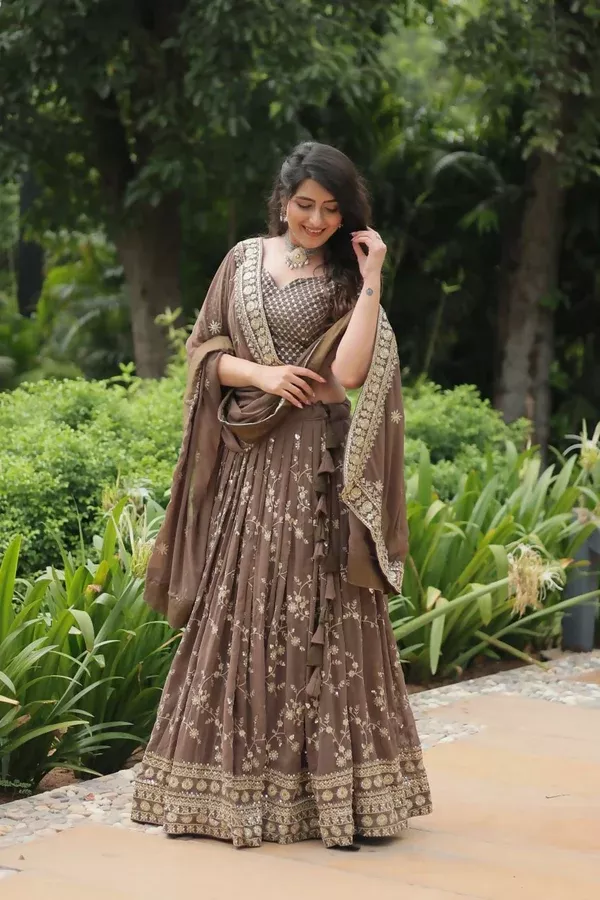 Vastranavya Designer Heavy Sequins & Thread Embroidered work Lehenga Choli - Beige - Up to 42" Waist