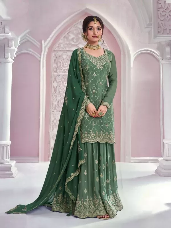 Vastranavya Exquisite Green Heavy Chinon with Embroidered & Sequins Work Salwar Suits - Uo to 42" Semi Stiched