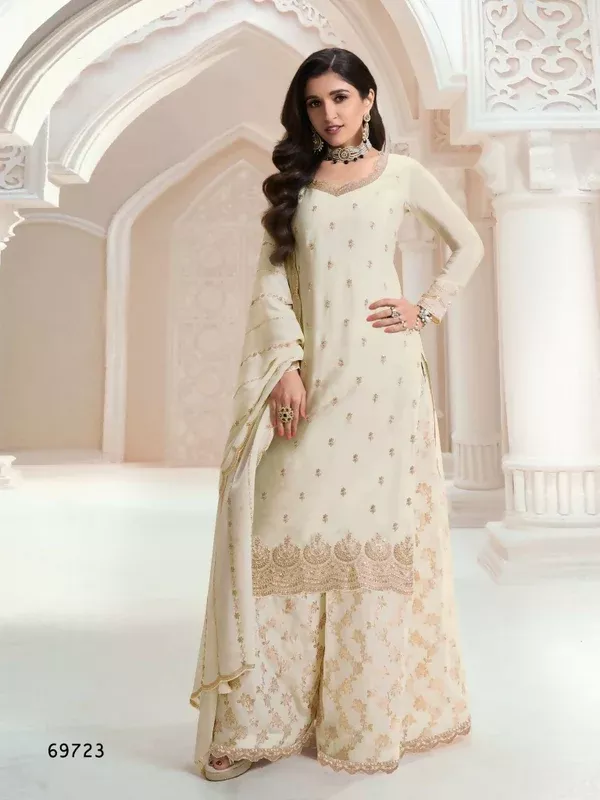 Vastranavya Exquisite Off White Heavy Chinon with Embroidered & Sequins Work Salwar Suits - Uo to 44" Semi Stiched