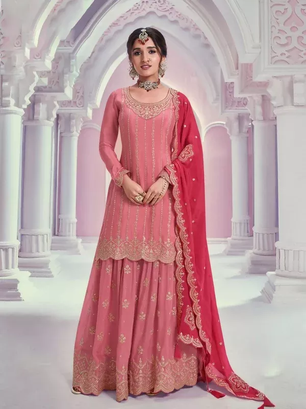 Vastranavya Exquisite Peach Heavy Chinon with Embroidered & Sequins Work Salwar Suits - Uo to 42" Semi Stiched