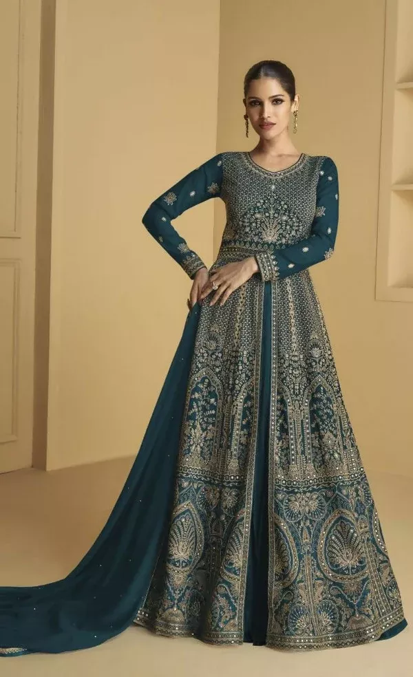 Vastranavya Teal Georgette Embroidered Sequins Work Anarkali Style A Line Suits - Uo to 44" Semi Stiched