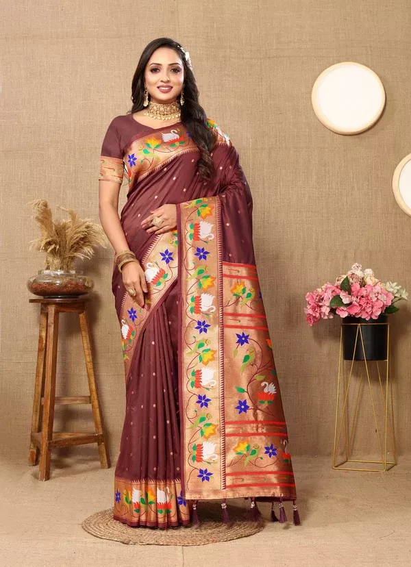 Vedant Vastram Brown Color Paithani Silk Saree - Brown