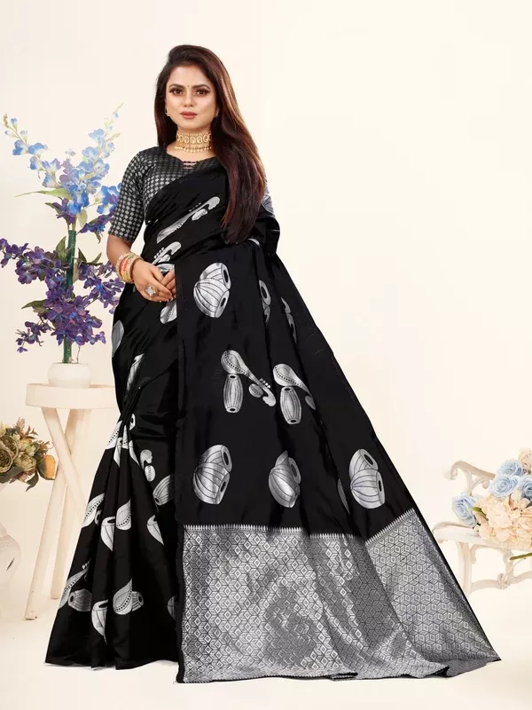 Vedant Vastram Litchi Silk Designer Banarasi Saree - Black