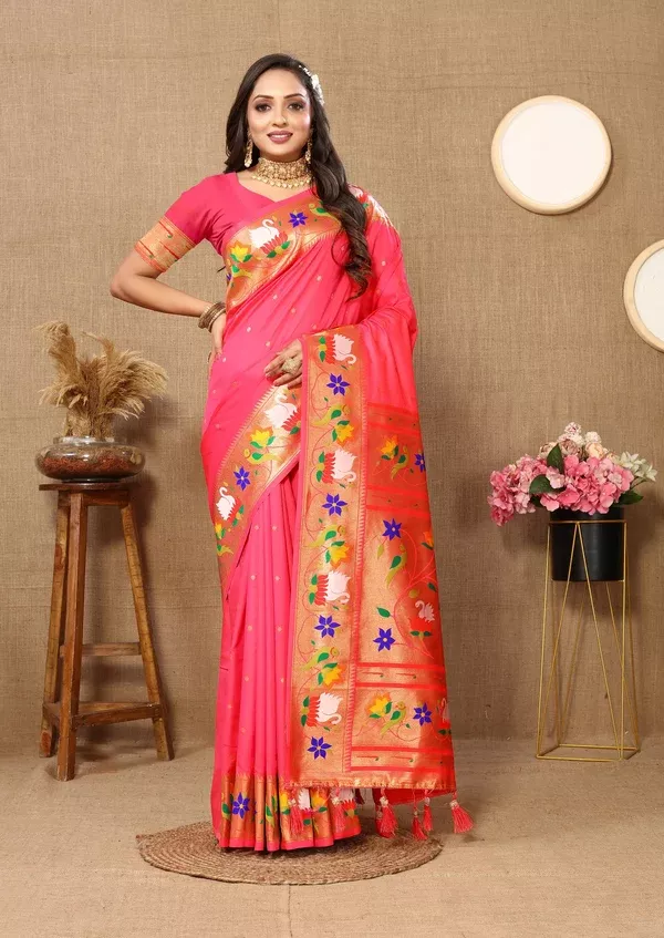 Vedant Vastram Tomato Color Paithani Silk Saree - Tomato