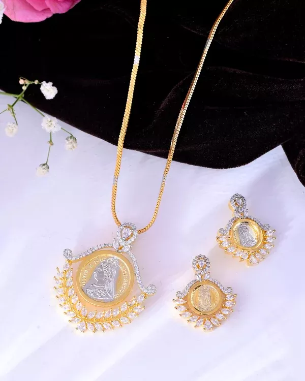 VOJ Dual Toned Ad-Studded Designer Pendant With Chain And Earrings Set