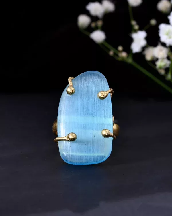 VOJ Gold-Polished Light Blue Stone Studded Ring