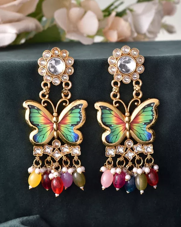 VOJ Gold Toned Multi colour Butterfly Shaped Long Earrings