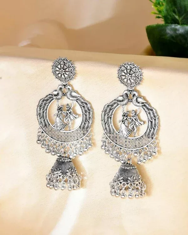 VOJ Silver Plated Krishna Cricluar Oxidized Earrings