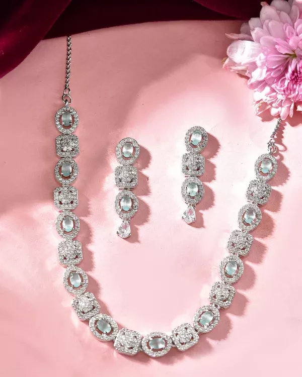 VOJ Silver Plated Mint Green Stone AD Jewellery Set