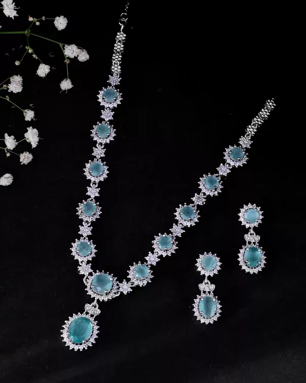 VOJ Silver Plated Sea Green Ad Studded Designer Jewellery Set