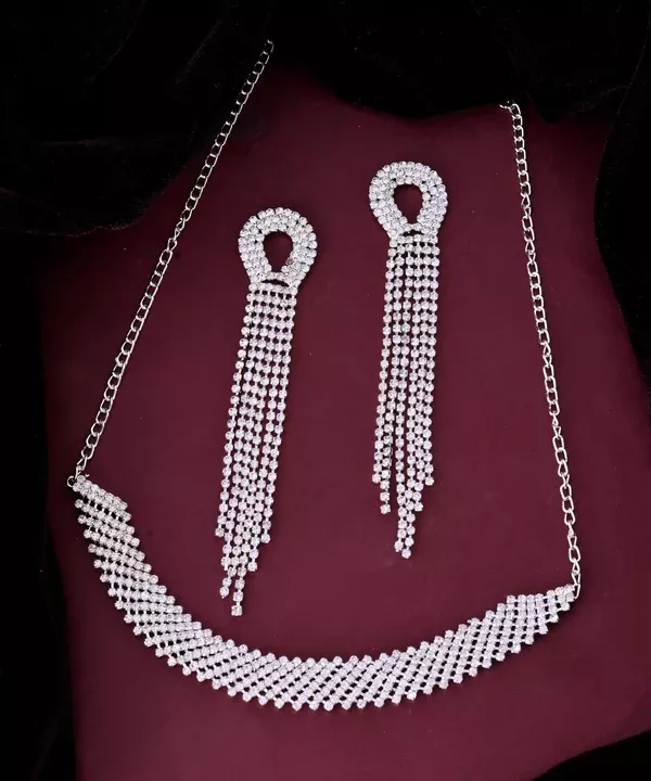 VOJ Silver Plated Stone Studded Necklace With Earrings Set