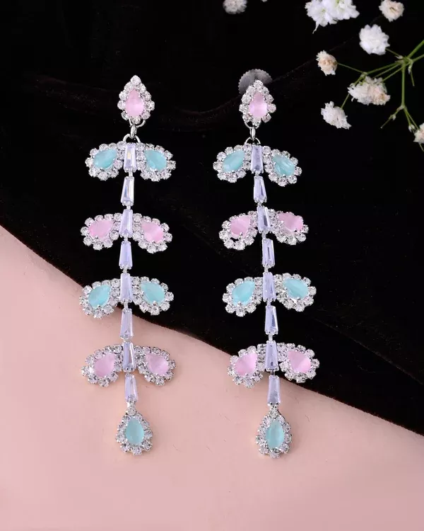 VOJ Silver-Toned Mind Green And Pink Leaf Shaped Drop Earrings
