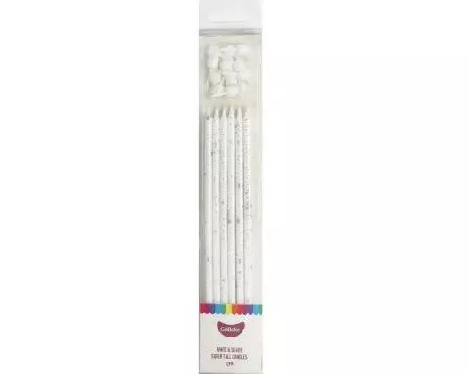 White Silver Splatter | Candles | Super Tall | 18cm | Pack of 12