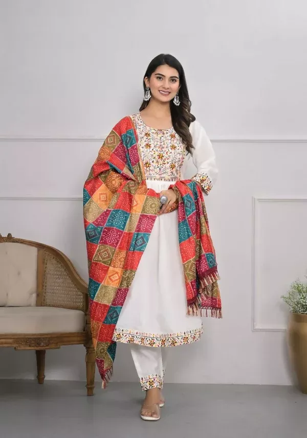 White Viscose Silk Embroidery with Thread and sequence Stitched Suit With Dupatta - Tanisha - S