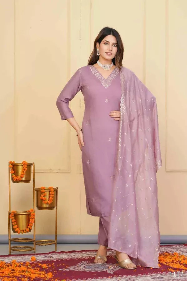 Wine Viscose Chanderi Embroidered Stitched Suit With Dupatta - Tanisha - S