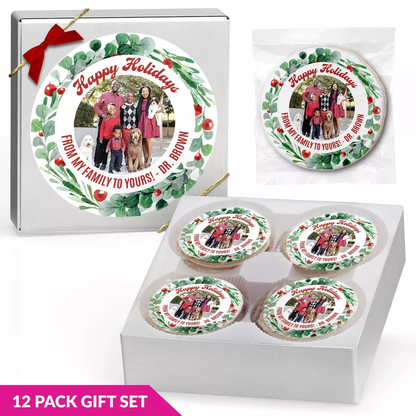Wreath & Message Photo Upload - Personalized Direct Print on Round Sugar Cookie Gift Box