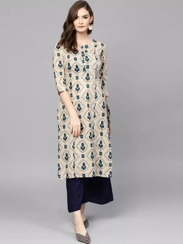 Yufta Beige & Navy Blue Printed Pure Cotton Kurta - S