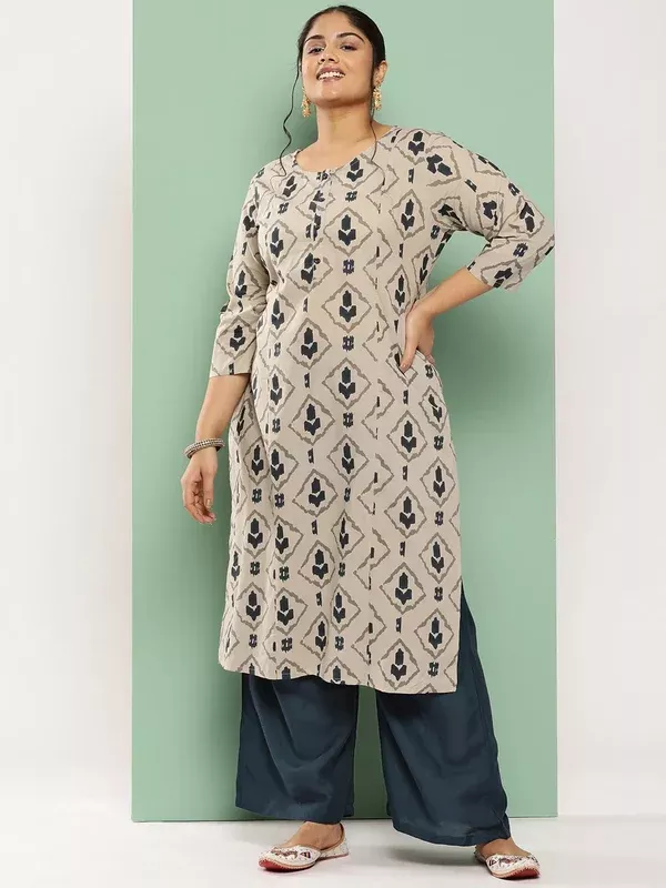 Yufta Beige & Navy Blue Printed Pure Cotton Plus Size Kurta - 3XL