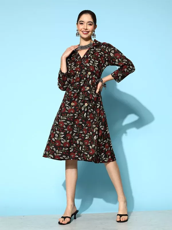 Yufta Black Floral Ethnic Dress - XS